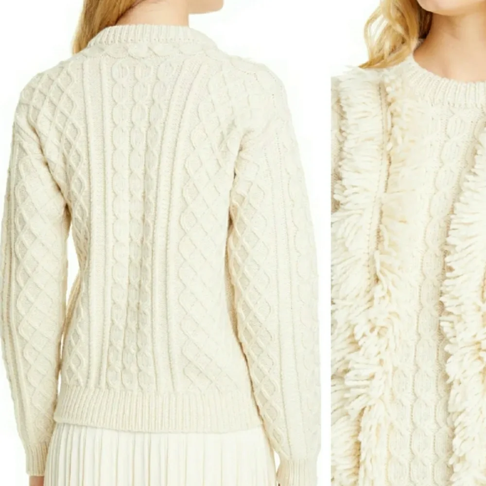 Tory Burch Cable Knit Fringe Wool Sweater Cream Crew Pullover Sweater SZ Medium